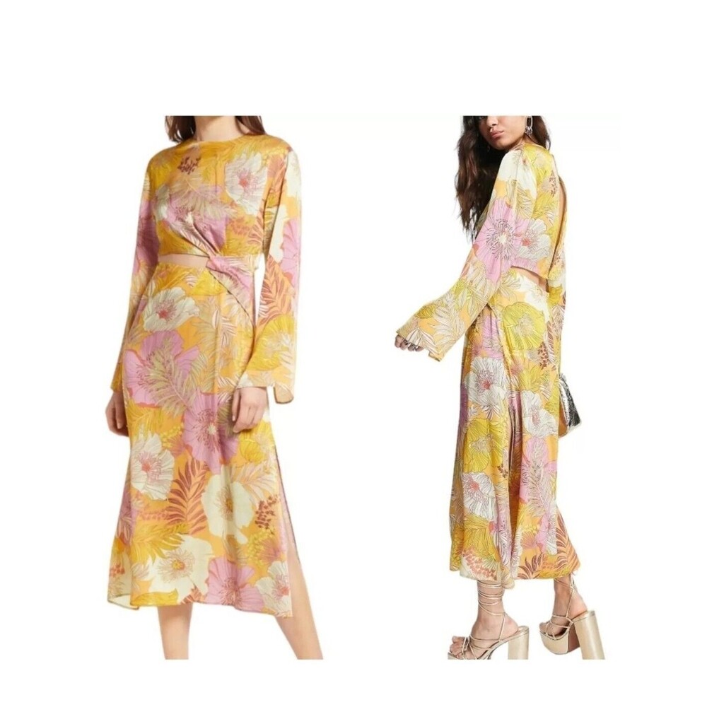 NWOT Topshop ASOS Tropical Floral Cutout Midriff Bell Sleeve Midi Dress Size 12